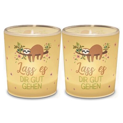 Teelicht, mit Grußfeld für persönliche Nachricht, Motiv Faultier