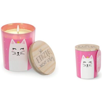 Duftkerze im Glas mit Holzdeckel Motiv Katze