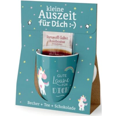 Porzellanbecher 250ml + 1 Teebeutel + Schokolade 40g Motiv Einhorn