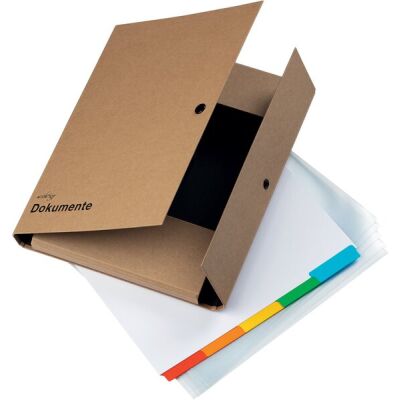 Dokumentenmappe DIN A4, Einband aus stabilem Graukarton (RC), praktischer Druckknopf, 5-teiligRegister, 5 Dokumentenhüllen, Kraftpapier Natur