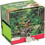 Spardose, Pappe, 2 getrennte Boxen, Tyrannosaurus, grün