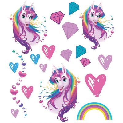 Kinder-Tattoos, Einhornportrait, 5 Motive, 2 Bogen, 32 Tattoos, pink