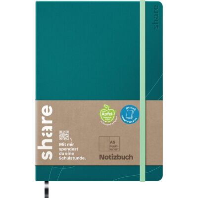 Notizbuch DIN A5, punktkariert, Lesefaden, Upcycling Notizbuch aus Apfelschalen, petrol