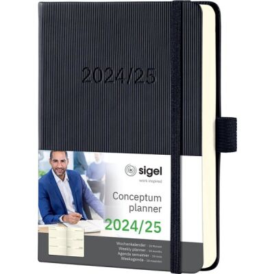 Wochenkalender Conceptum DIN A6, 2024/2025, 18 Monate, 1 Woche/2 Seiten, 240 Seiten, Gummibandverschluss, Stiftschlaufe, schwarz