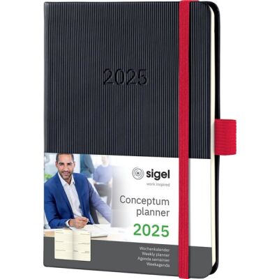 Wochenkalender CONCEPTUM® 2025, DIN A6, 1 Woche/2 Seiten, 176 Seiten, Gummibandverschluss Stiftschlaufe, Hardcover, schwarz/rot