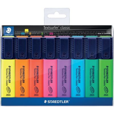 Textmarker Textsurfer, Keilspitze, Strichstärke 1 + 5 mm, nachfüllbar, sortiert, gelb, orange, rot, pink, violett, blau, dunkelgrün, grün, Aufsteller mit 8 Stück