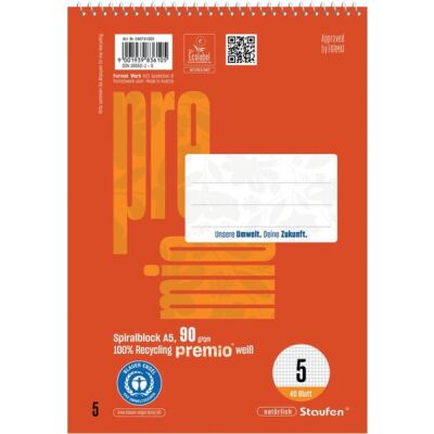 Premio Spiralblock DIN A5, 40 Blatt, 90g/qm, Lineatur 5, 5 mm kariert, rot