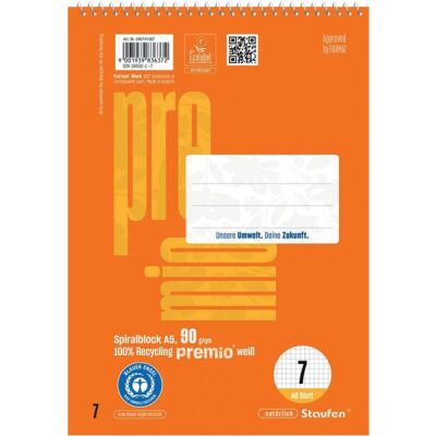 Premio Spiralblock DIN A5, 40 Blatt, 90g/qm, Lineatur 7, 7 mm kariert, orange