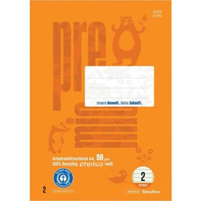 Premio Arbeitsblätterblock DIN A4, 50 Blatt, 90g/qm, 4/4/4 mm liniert, 4-Loch, orange
