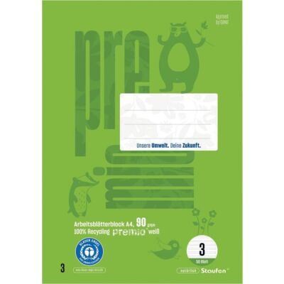 Premio Arbeitsblätterblock DIN A4, 50 Blatt, 90g/qm, 21 Doppellinien, 4-Loch, hellgrün