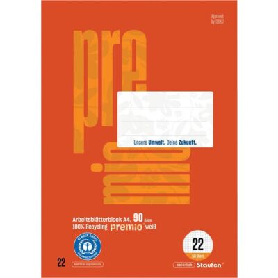 Premio Arbeitsblätterblock DIN A4, 50 Blatt, 90g/qm, Lineatur 22, 5 mm kariert, 4-Loch, rot