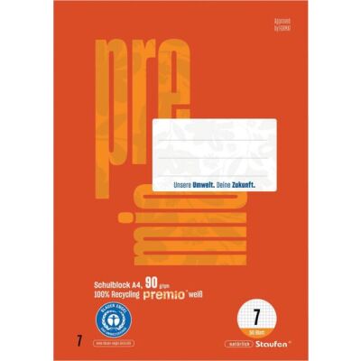 Premio Schulblock DIN A4, 50 Blatt, 90g/qm, Lineatur 7, 7 mm kariert, 4-Loch, rot