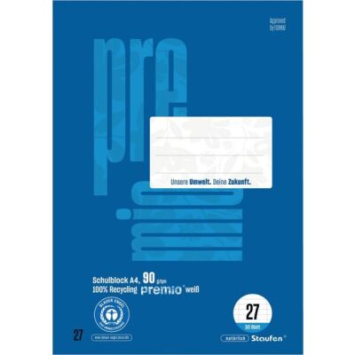 Premio Schulblock DIN A4, 50 Blatt, 90g/qm, Lineatur 27, 9 mm liniert mit Rand links und rechts, 4-Loch, blau