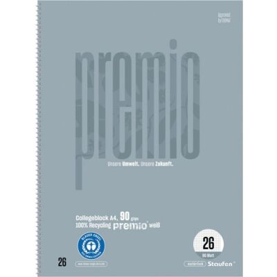 Premio Collegeblock DIN A4, 80 Blatt, 90g/qm, Lineatur 26, 5 mm kariert mit Rand, 4-Loch, grau