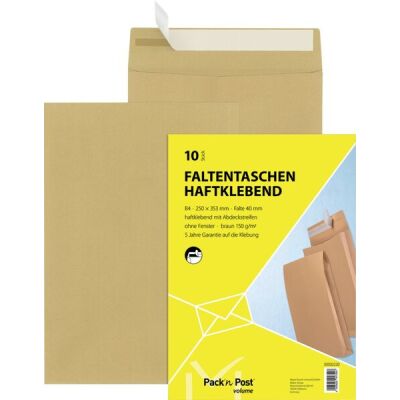 Versandtasche DIN B4, ohne Fenster, haftklebend, 150g/qm, Falte 40 mm, 10 Stück, natronbraun