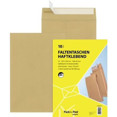 Versandtasche DIN C4, ohne Fenster, haftklebend, 130g/qm, Falte 40 mm, 10 Stück, natronbraun