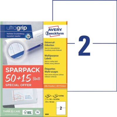 Universal-Etiketten, 210 x 148 mm, weiß, 130 Etiketten, Inkjet, Laser s/w, Farblaser, permanent haftend, 65 Blatt