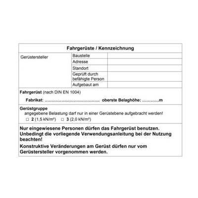 KENNZEICHNUNGSBLATT FAHRGERÜST (25 STÜCK)