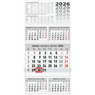 5-Monats-Wandkalender, 5 Monate/1 Seite, 30 x 58,5 cm, Datumsschieber rot, aktueller Monat in der Mitte, drüber 2 Vormonate und drunter 2 Folgemonate