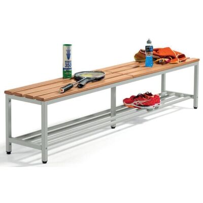 Sitzbank, Stahlgestell, Buchenholzleisten, (H x B x T) 440 x 1500 x 365 mm, grau/buche