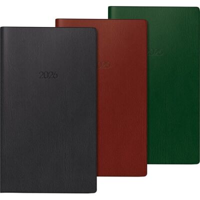 Faltkalender, 1 Monat/2 Seiten, farbig sortiert, 8,7 x 15,3 cm, Kunststoff-Einband, Kalendereinlage und Adress-Registerheft, 16 Seiten auswechselbar