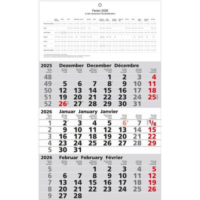 3-Monats-Wandkalender, 3 Monate/1 Seite, 30 x 49 cm, Datumsschieber rot, Druck: schwarz/rot