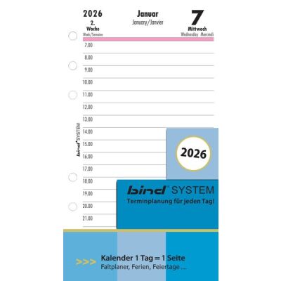 Kalendereinlage 2026, DIN A6, 1 Tag/1 Seite, Blattgröße: 95 x 172 mm