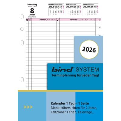 Kalendereinlage 2026, DIN A5, 1 Tag/1 Seite, Blattgröße: 149 x 210 mm