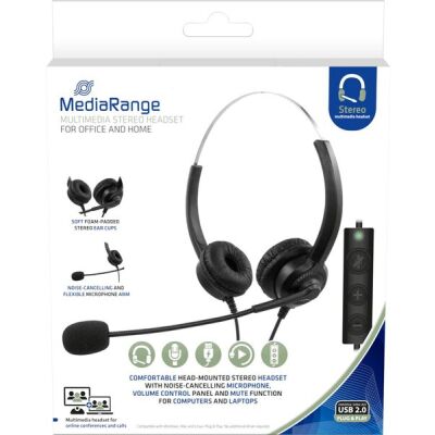 Headset stereo, mit Mikrofon kabelgebunden, USB-A, flexibler Mikrofonarm, Lautstärkeregelung stufenlos, Kabel: 2m