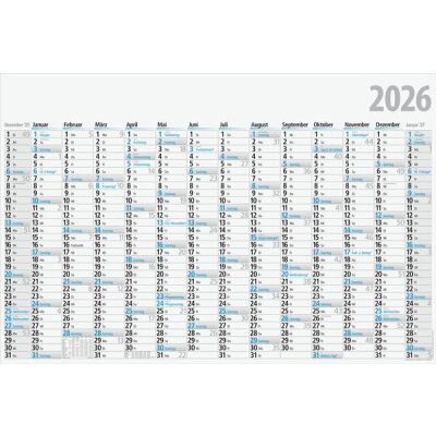 Jahreskalender, 102 x 68 cm, 14 Monate/1 Seite, Druck schwarz/blau, gefalzt
