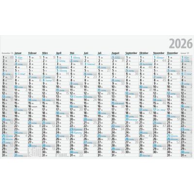 Jahreskalender, 121 x 77 cm, 14 Monate/1 Seite Druck schwarz/blau, gefalzt