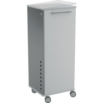 Mobiler Arbeitsplatz, neigbare Pultplatte, abschließbare Tür, feststellbare Rollen, grau