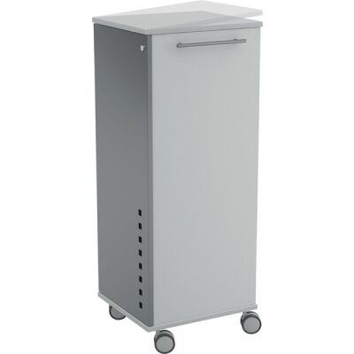 Mobiler Arbeitsplatz, neigbare Pultplatte, abschließbare Tür, 2 Schubladen, feststellbare Rollen, grau