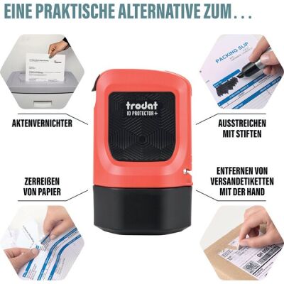 ID Protector, Datenschutzstempel, integrierter Paket- und Brieföffner, inkl. Nachfülltinten, Abdruckmaß: 25 mm Breite, Druck schwarz, Stempel rot