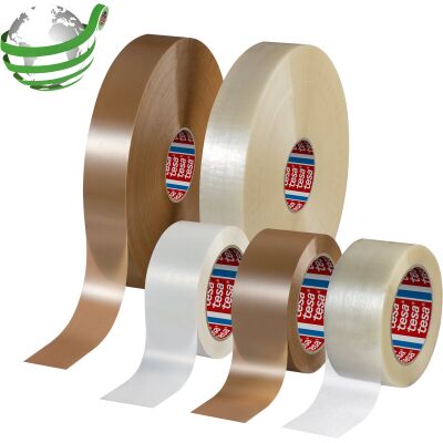 tesa PET-Packband 60%, 50 mm x 132 m, recycelt, dünnes Trägermaterial, für Kartons bis 25kg