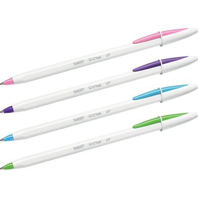 Kugelschreiber Cristal® Up, Schaft weiß, Kunststoff, Kappe in Schreibfarbe, Mine 0,35 mm