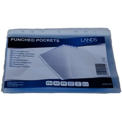 Prospekthülle, DIN A5, farblos, PP-Folie, 60 my, Oberfläche genarbt, oben offen, 4-fach Lochung