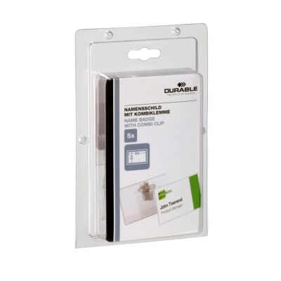 Namensschild, 54 x 90 mm, Kombiklemme, transparent
