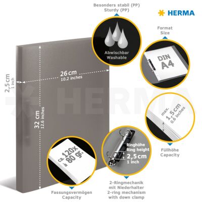 Ringbuch, DIN A4, PP, 25 mm Rücken, 2-D-Ringmechanik, Niederhalter, 3 Stück