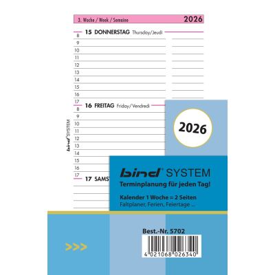 Kalendereinlage 2026, 1 Woche/2 Seiten, Blattgröße: 149 x 210 mm