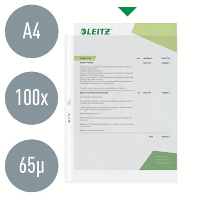 Prospekthülle, DIN A4, farblos, PP-Folie, Oberfläche genarbt, oben offen, Universallochung, dokumentenecht