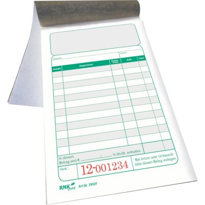 Kassenzettel-Block, 10 x 15 cm, 2-fach, Deckblatt 2. Batt rot, oben geheftet