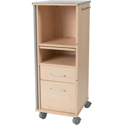 Mobiler Arbeitsplatz, neigbare Pultplatte, abschließbare Tür, 2 Schubladen, feststellbare Rollen