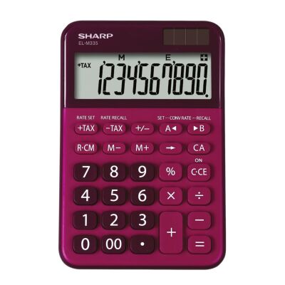 Tischrechner SH-ELM335BRD, 10-stelliges Display, 3-Tasten Speicher, Währungsumrechnung, Steuerberechnung (TAX+/-), 00 Taste, automatische Punktierung, Prozentrechnung, Vorzeichenwechsel, Korrekturtaste, Solar und Batterie, autom. Ausschaltung