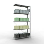 Anbauregal, Fachbodenregal Stecksystem MULTIplus150, 2000 x 1000 x 300 mm (HxBxT), 5 Fachböden, Kreuzstrebe, verzinkt - Expressline