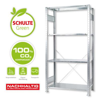 Grundregal, SCHULTE Green Fachbodenregal Stecksystem MULTIplus150-Set, 2000 x 1000 x 400 mm (HxBxT), 4 Fachböden, Kreuzstrebe, verzinkt
