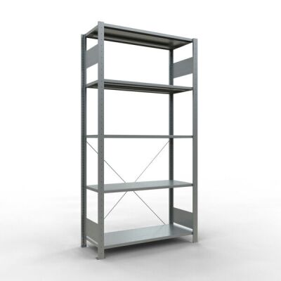Grundregal, Fachbodenregal Stecksystem MULTIplus150, 2000 x 1000 x 400 mm (HxBxT), 5 Fachböden, Kreuzstrebe, verzinkt - Expressline