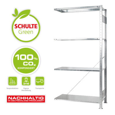 Anbauregal, SCHULTE Green Fachbodenregal Stecksystem MULTIplus150-Set, 2000 x 1000 x 400 mm (HxBxT), 4 Fachböden, Kreuzstrebe, verzinkt