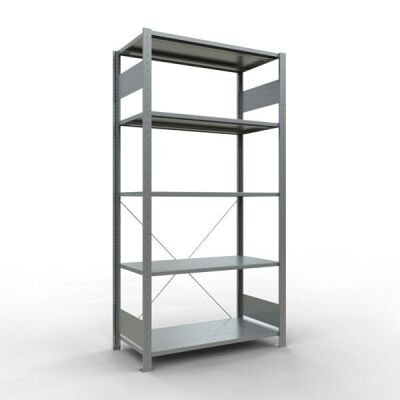 Grundregal, Fachbodenregal Stecksystem MULTIplus150, 2000 x 1000 x 500 mm (HxBxT), 5 Fachböden, Kreuzstrebe, verzinkt - Expressline