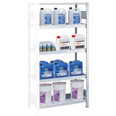 Anbauregal, Umwelt-Wannenbodenregal MULTIplus150, 2000 x 1000 x 500 mm (HxBxT), verzinkt, 4 Wannenböden (Volumen: 18 Liter), 1 Fachboden